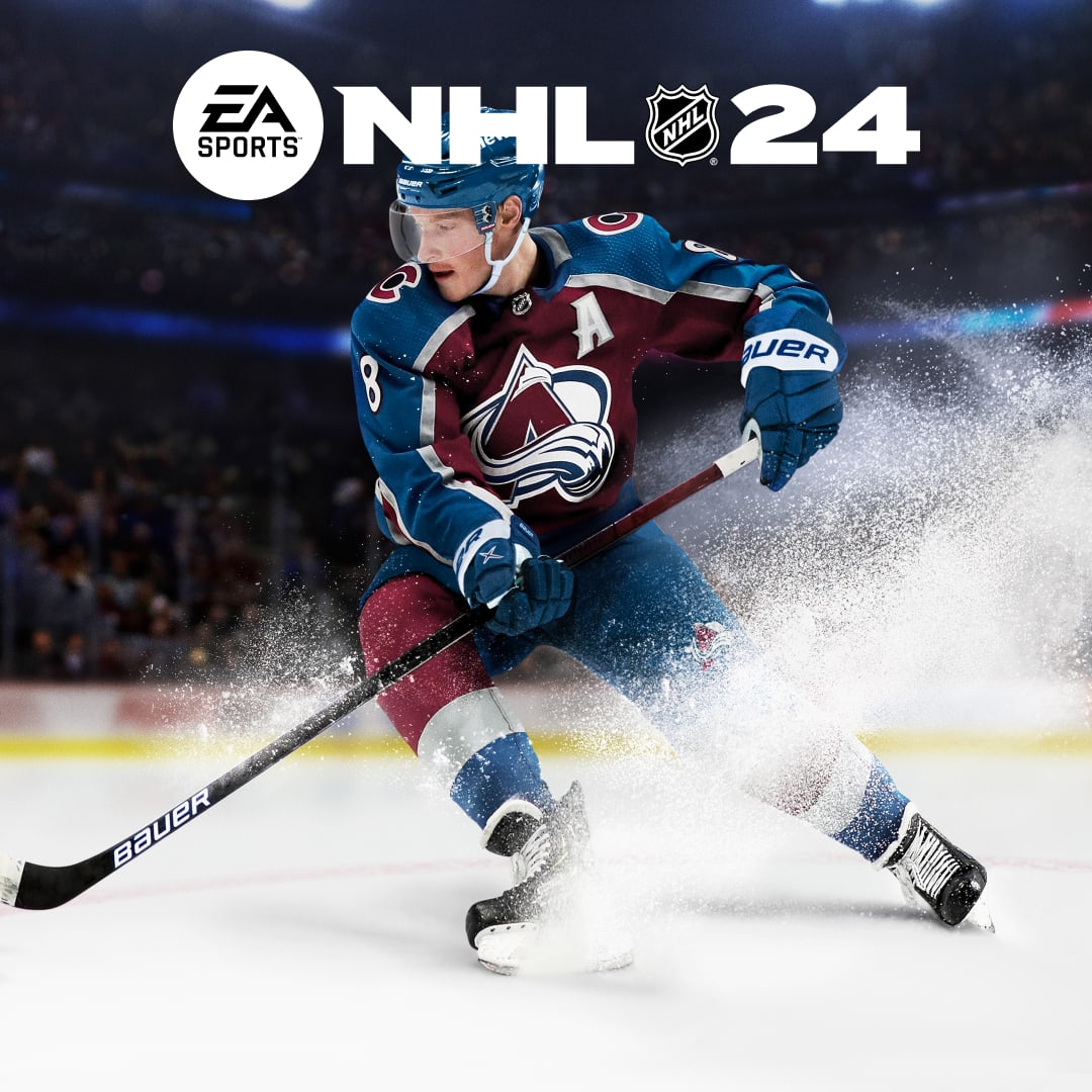 Image showing the EA SPORTS NHL 24 logo in white featuring cover star Cale Makar of the Colorado Avalanches skating on the ice.