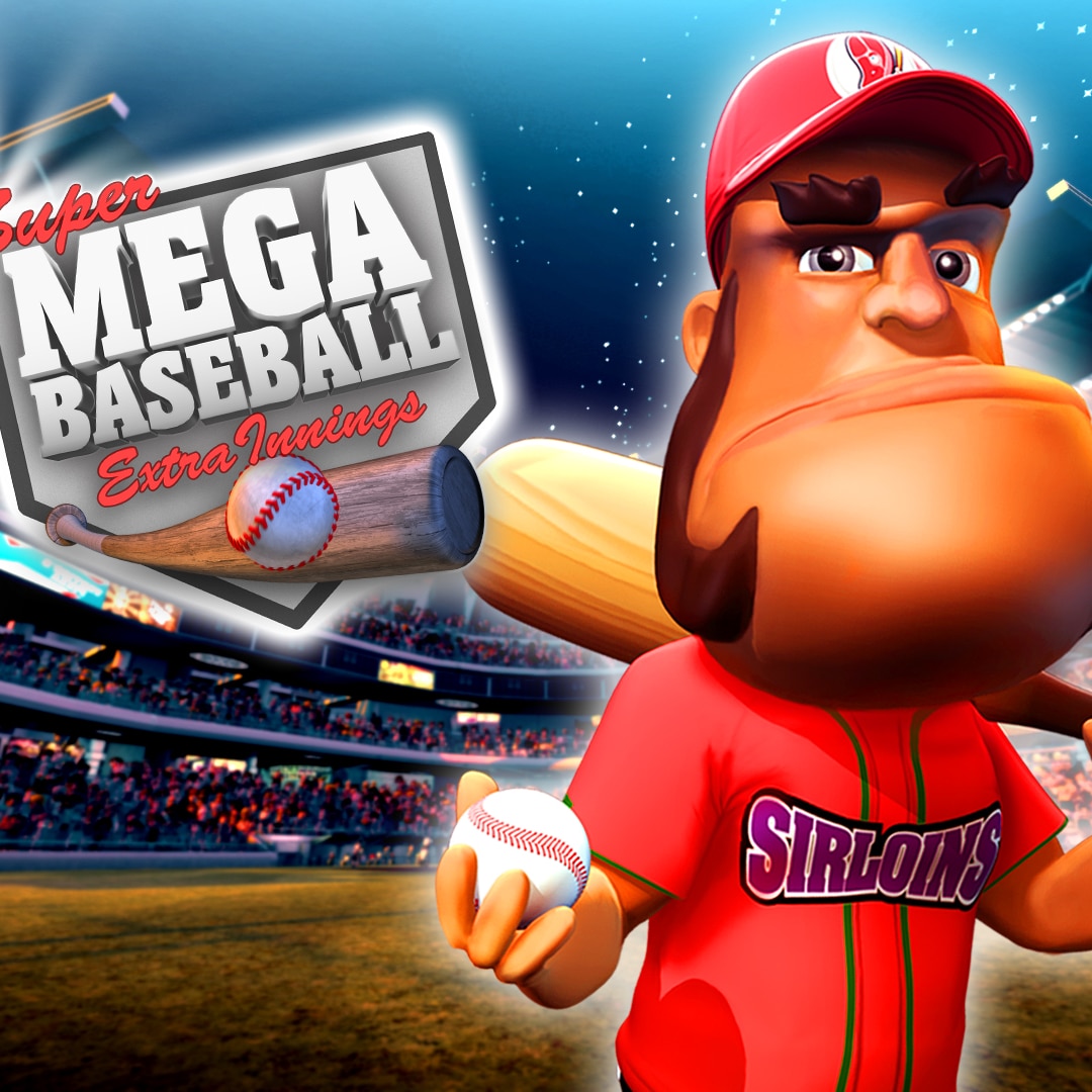 Image of the Super Mega Baseball: Extra Innings cover and logo, showing the in-game character Hammer Longballo with a ball and bat and wearing a red jersey.