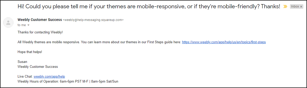 Emailing Weebly support about mobile responsiveness