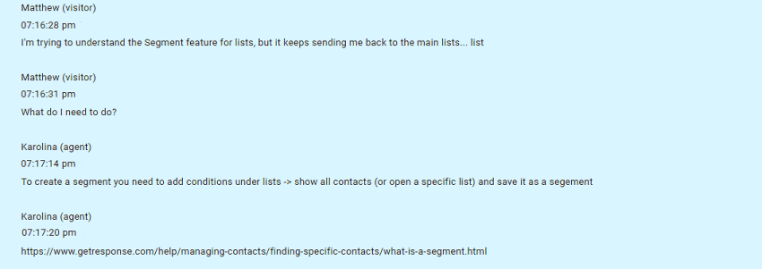 GetResponse live chat interaction about segmentation