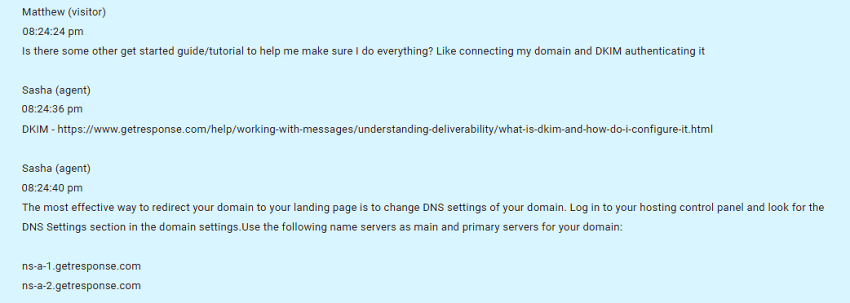 GetResponse live chat interaction about DKIM authentication