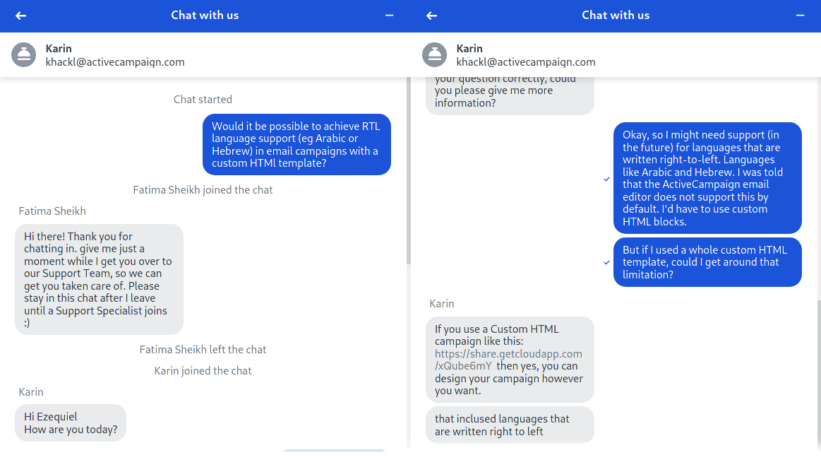 ActiveCampaign chat support