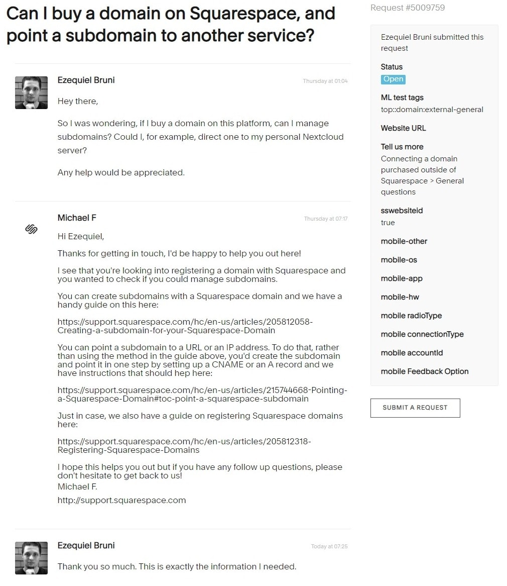 Squarespace - email/ticket support request