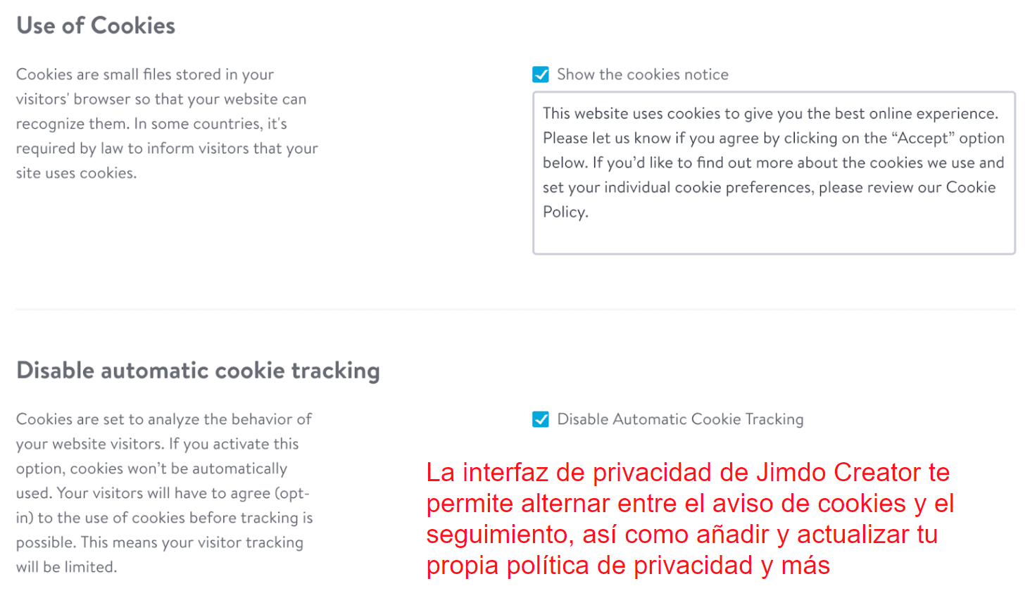 Privacy policy interface - Jimdo Creator