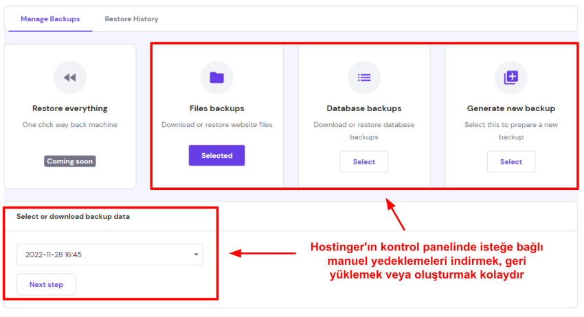 Screenshot of Hostinger's backup management page