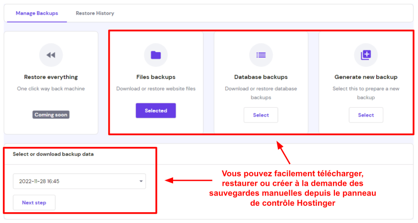 Screenshot of Hostinger's backup management page