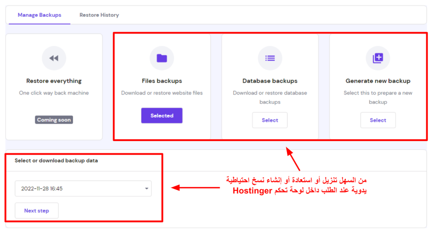Screenshot of Hostinger's backup management page