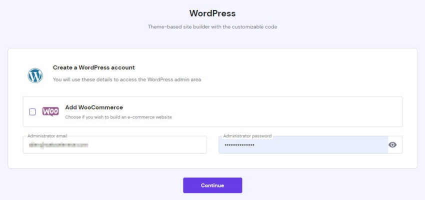 Screenshot of Hostinger's WordPress auto-installation setup screen