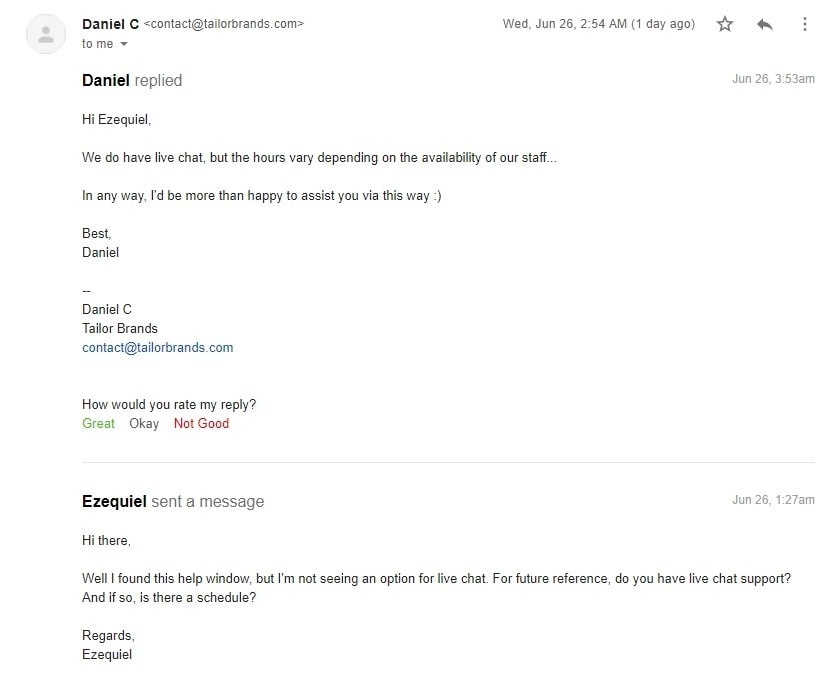 Tailor Brands customer support response via email