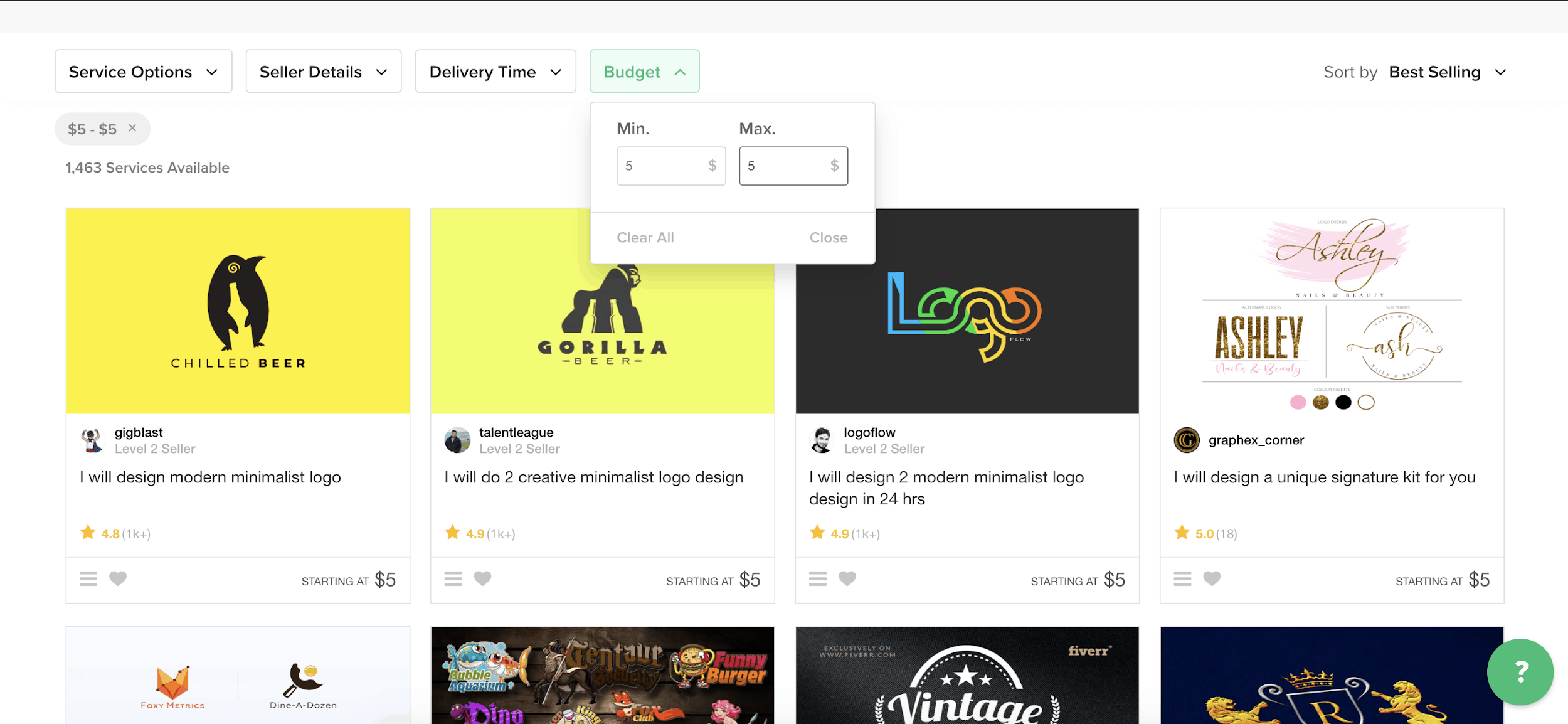 Fiverr screenshot - Logo designers for hire