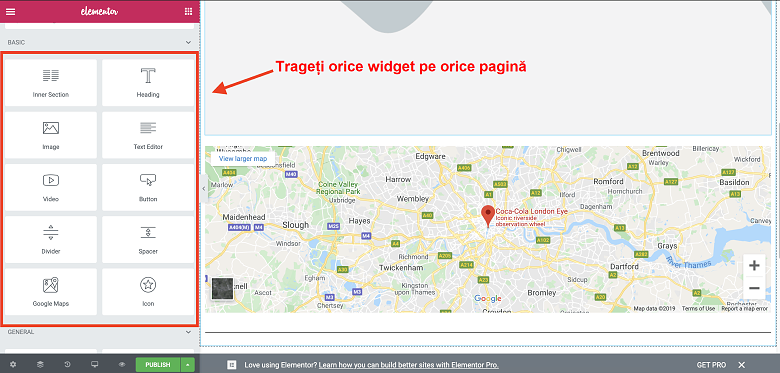 Dragging a widget from the left-hand bar onto your webpage with Elementor