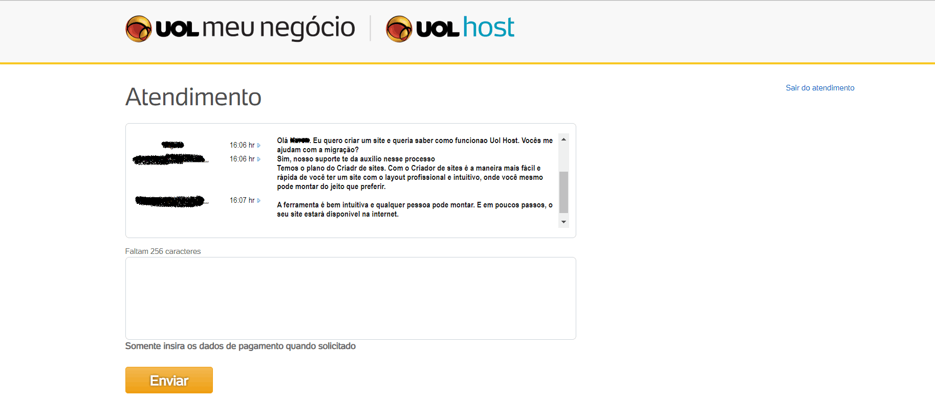 atendimento ao cliente chat UOL Host