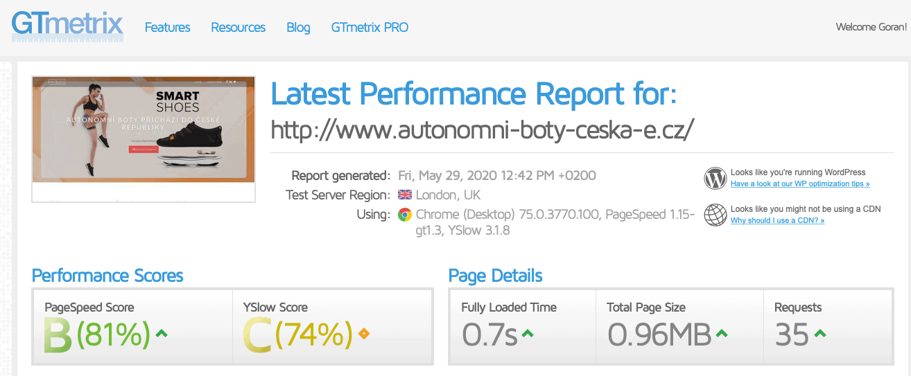 Rychlosti načítání testovaného webu