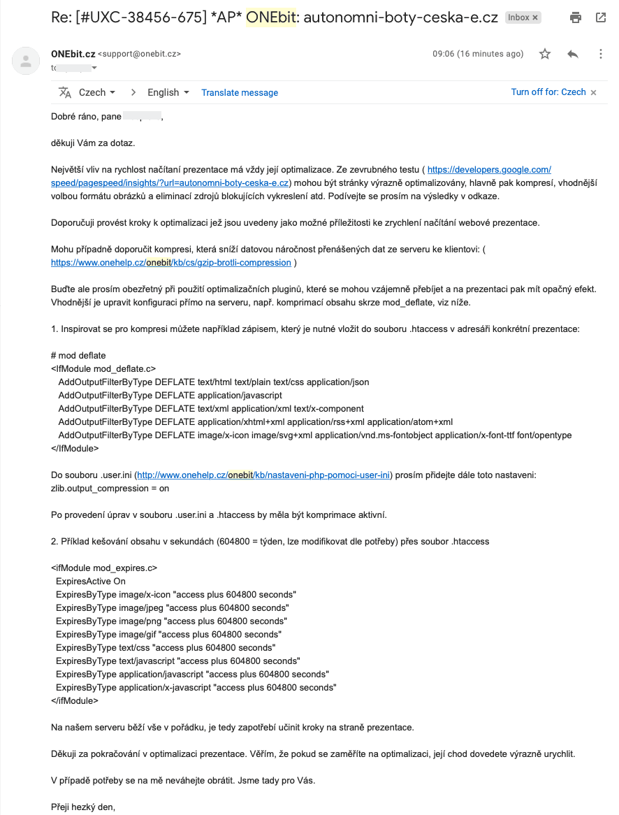 Ukázka odpovědi zákaznické podpory, co mohu udělat pro zrychlení WordPressu