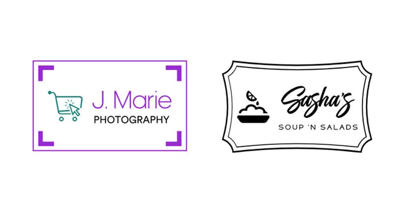 Sample business logos created with Looka - J. Marie Photography, Sasha's Soups and Salads