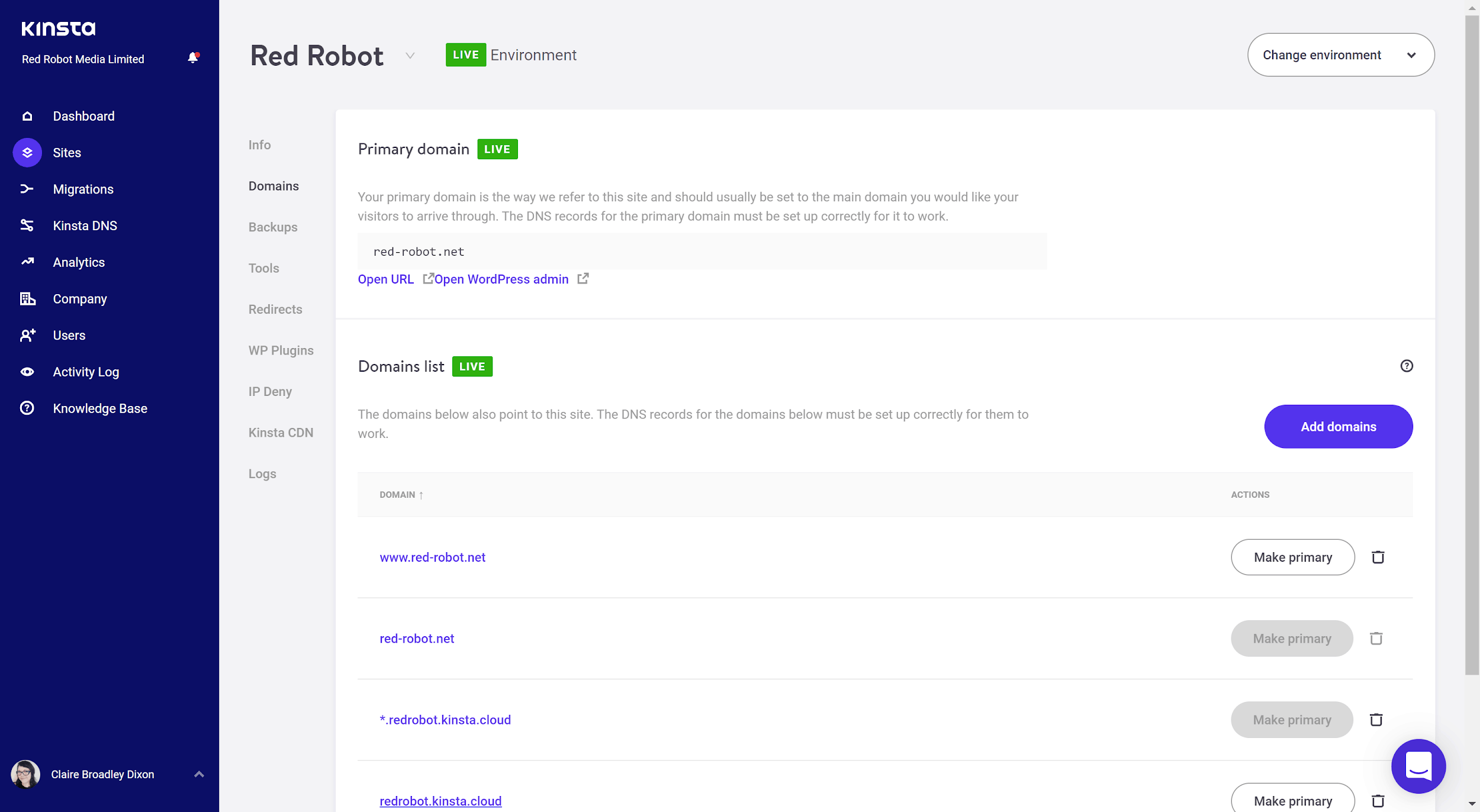 Kinsta's control panel