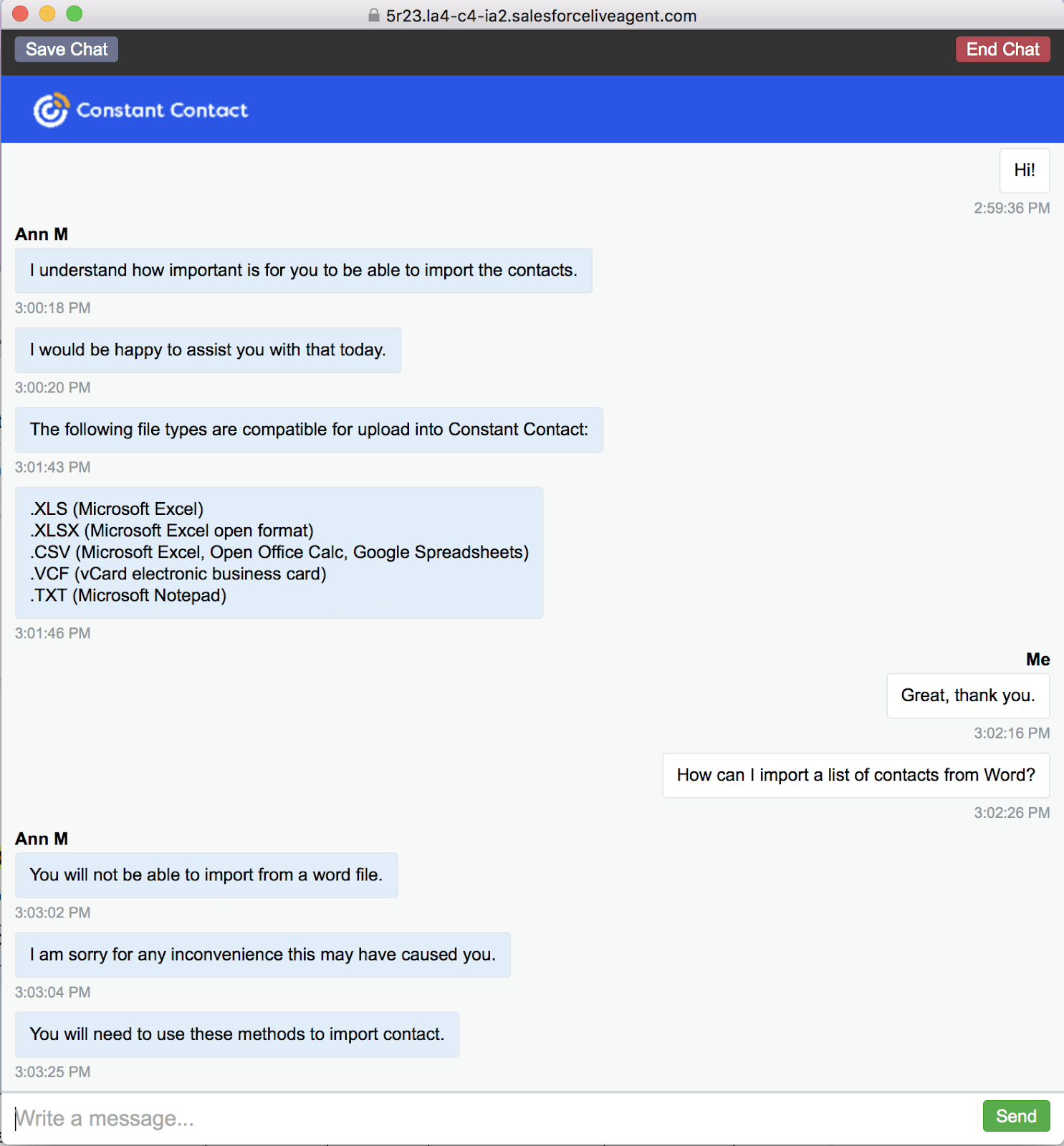 Constant Contact live chat support