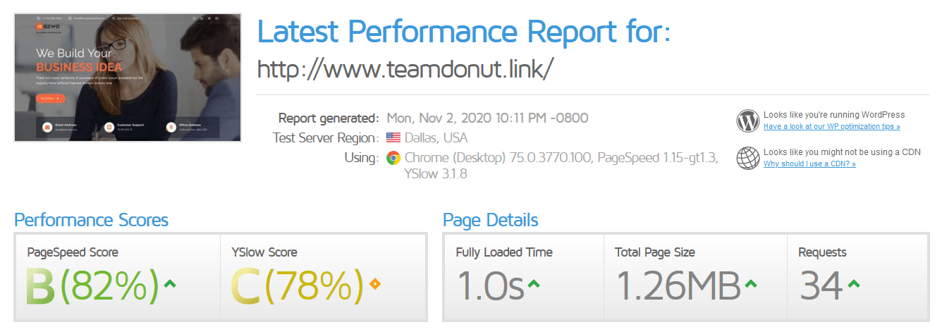 Kamatera GTmetrix score