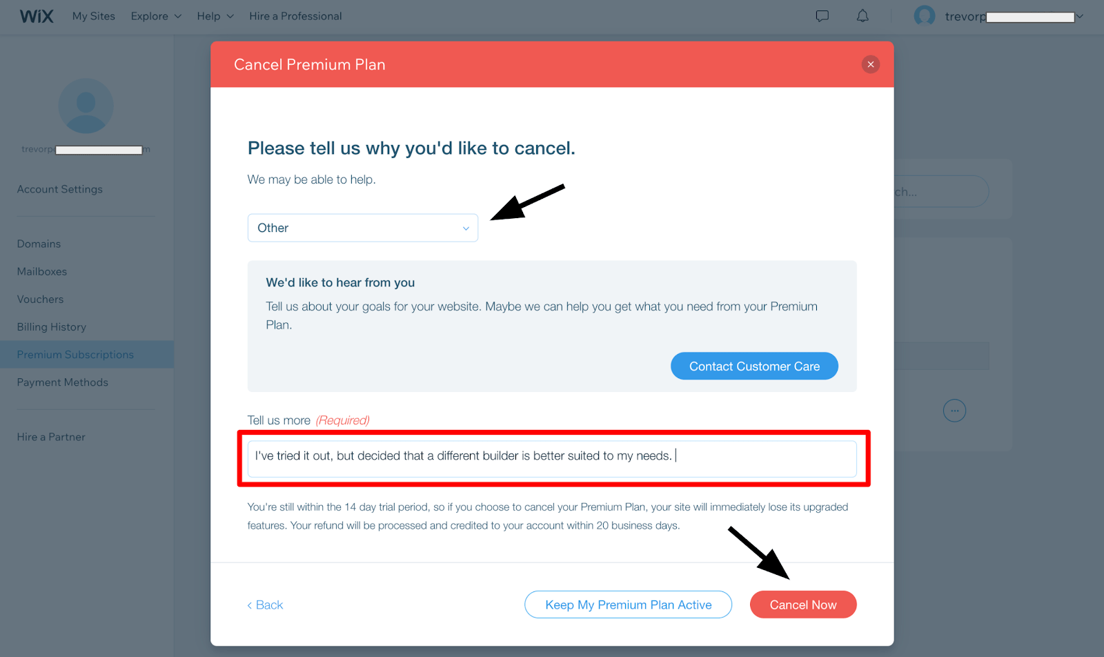 Wix - Cancel Now reason