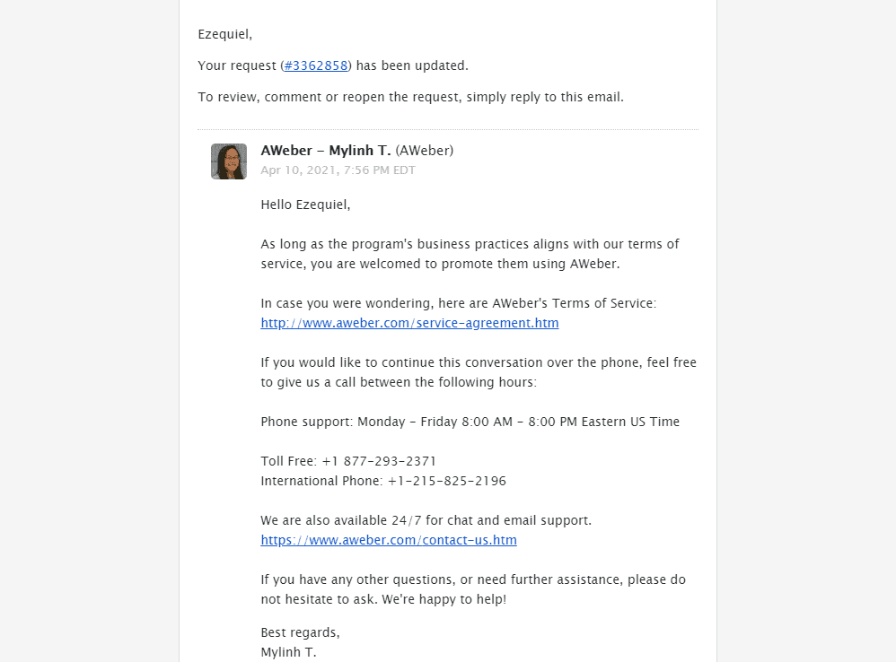 the email from AWeber support