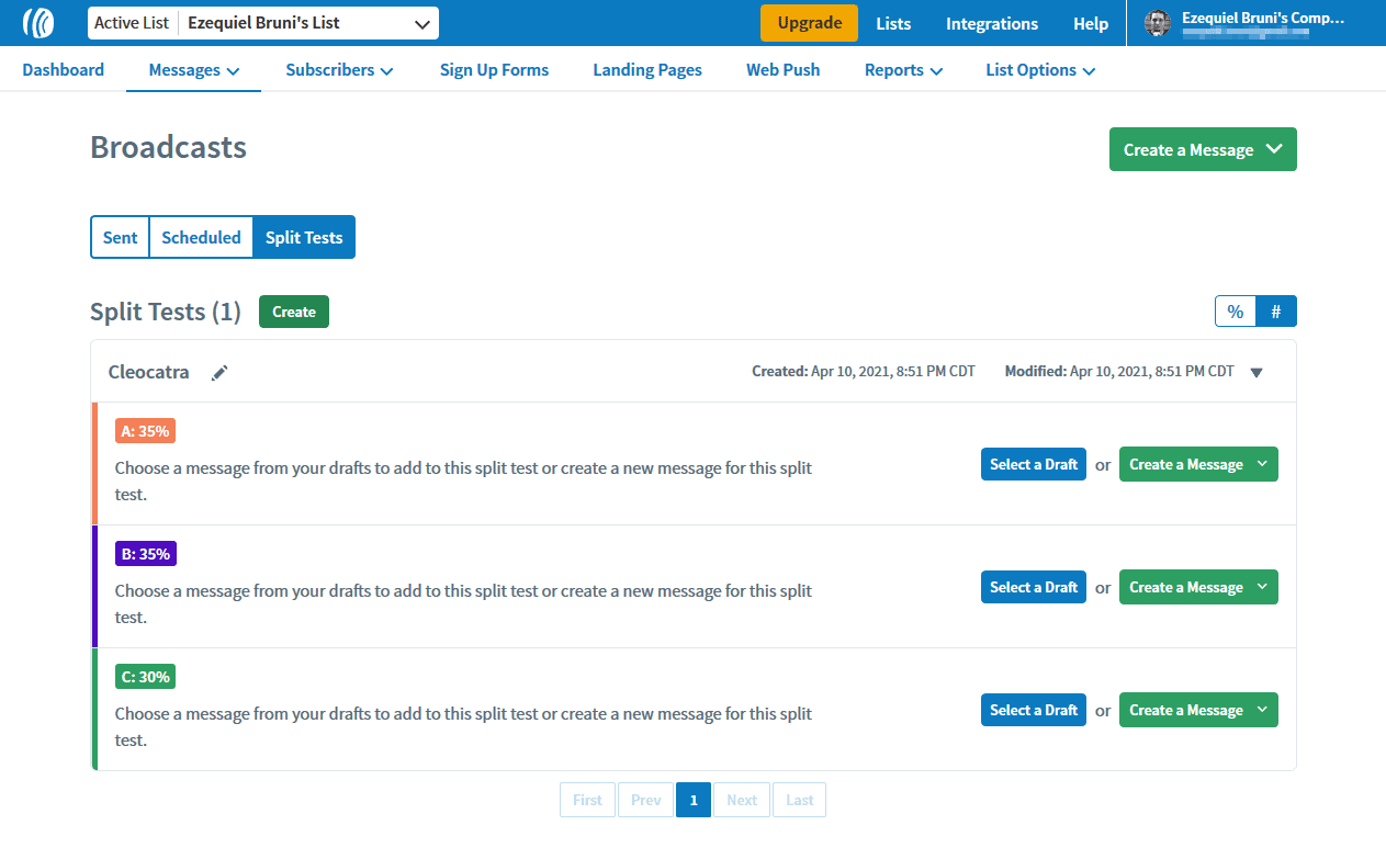 AWeber's split testing interface