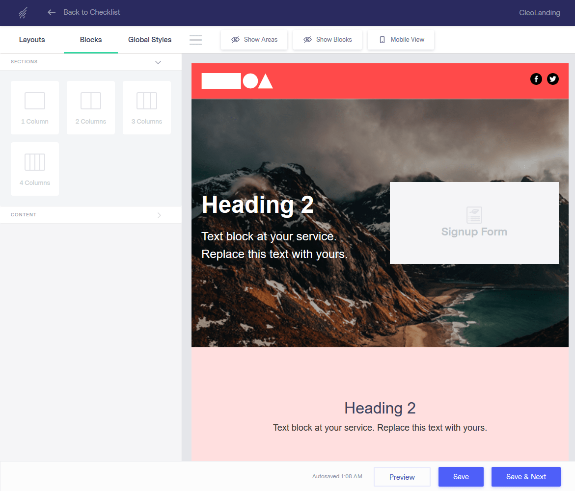 Benchmark Email's landing page editor