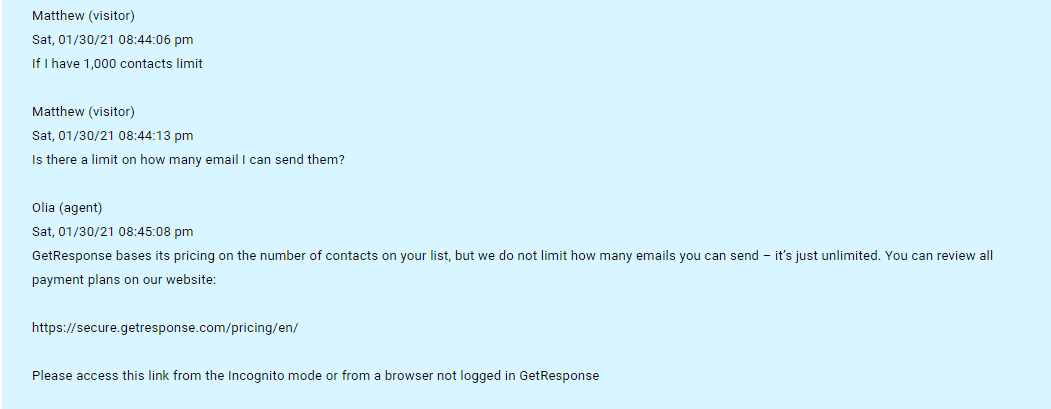 GetResponse live chat transcript - contact limit support
