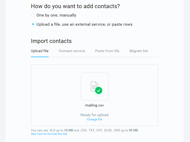 GetResponse contact list import options.