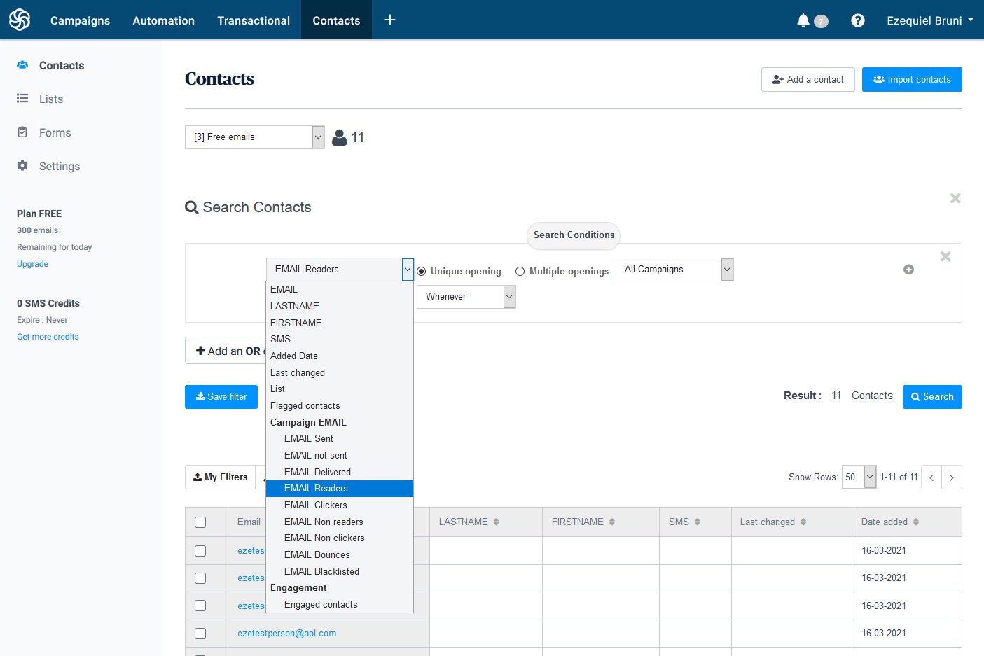 Sendinblue's advanced search form