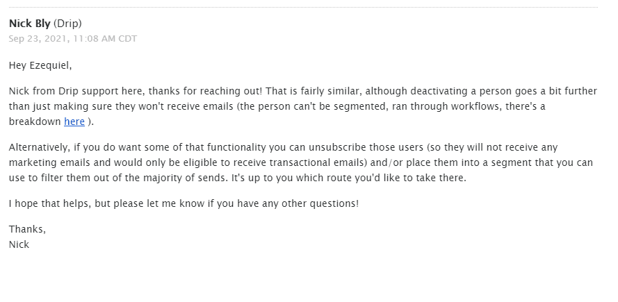 my second support email from Drip