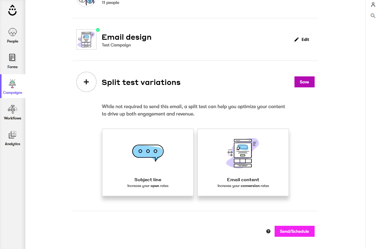 Drip's split testing options