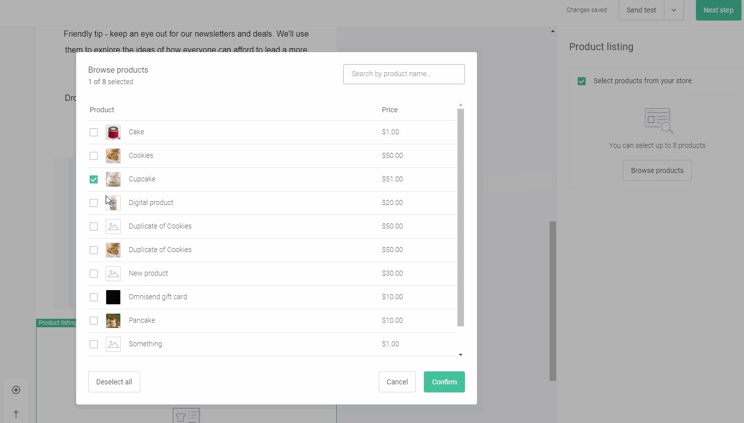 Omnisend's Product Picker tool