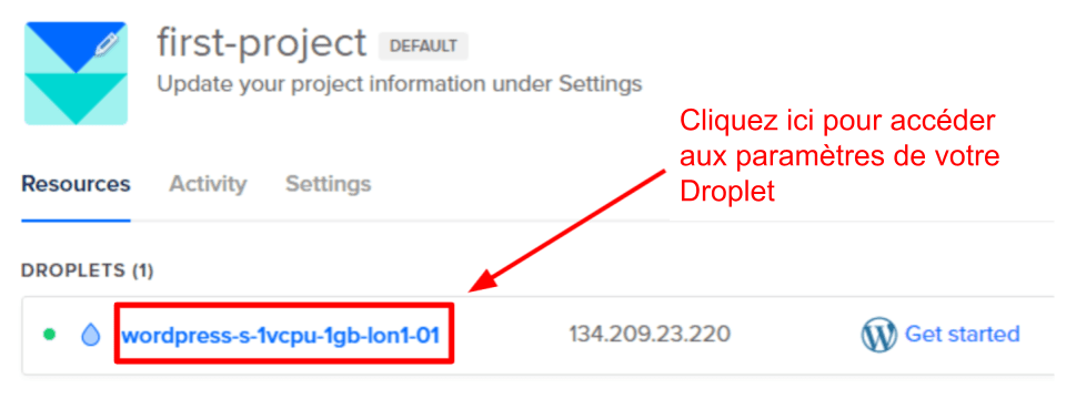 Click here to access your Droplet’s settings