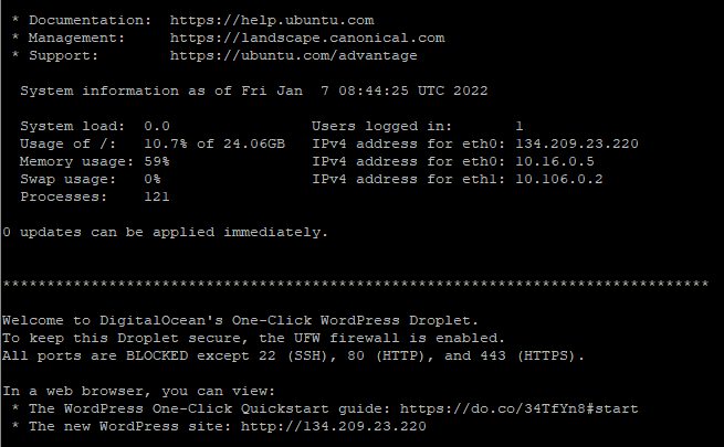 PuTTY screen showing a successful login