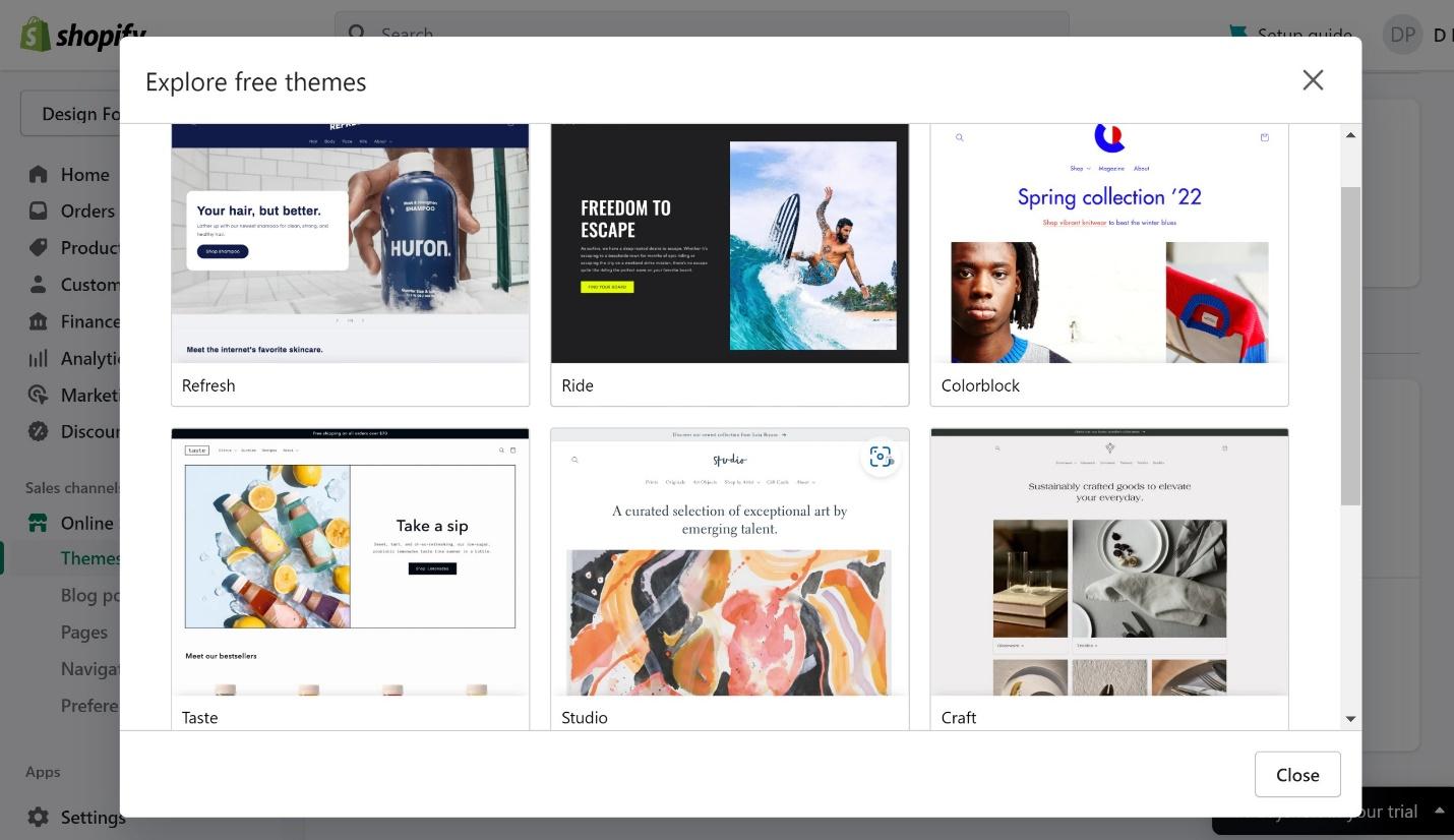 Browse free Shopify themes from your dashboard