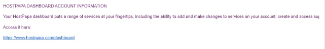 The top of the HostPapa introductory email message with the link to the dashboard