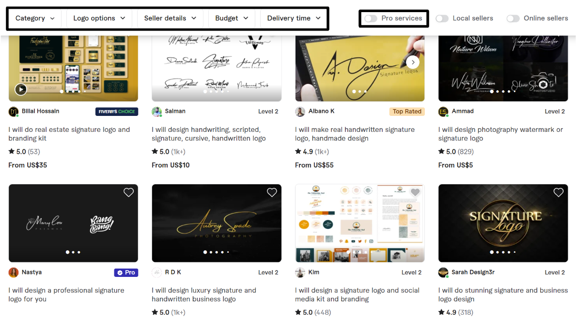 Fiverr search results for "signature logo"