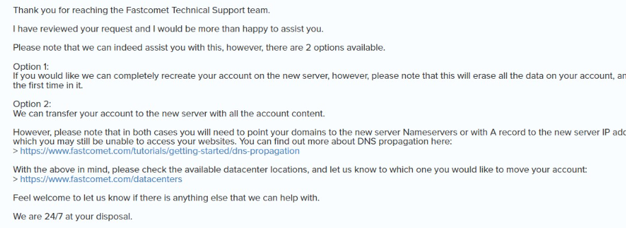 screenshot of FastComet ticket support for datacenter change