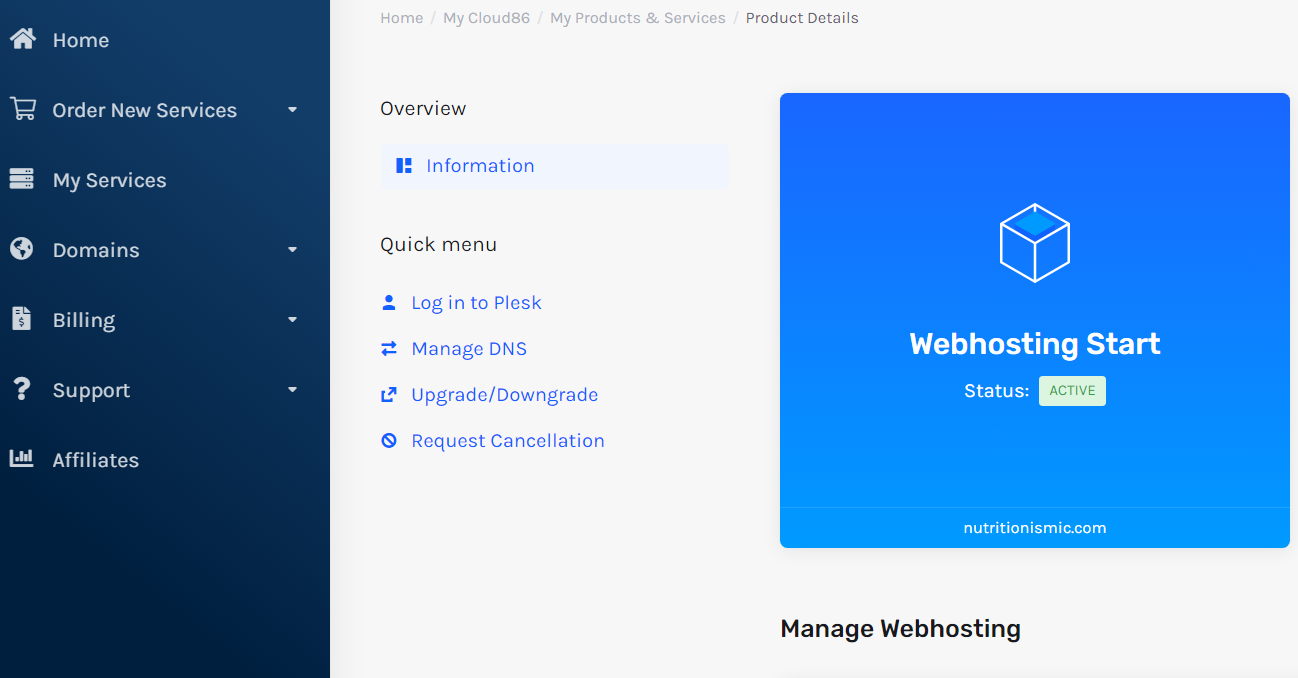 Cloud86 account dashboard.