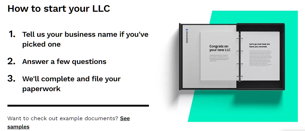 LegalZoom's 3 step LLC registration process