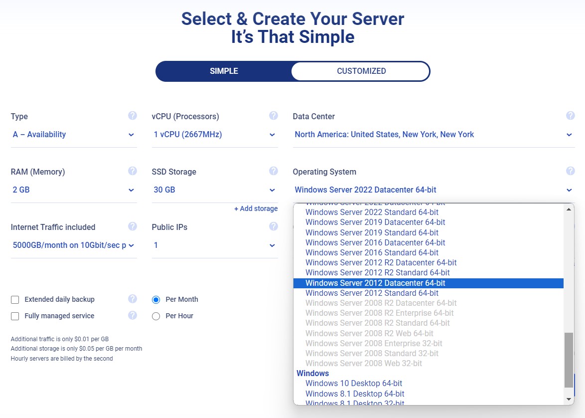 A drop-down box showing a list of the available Windows Servers Kamatera offers