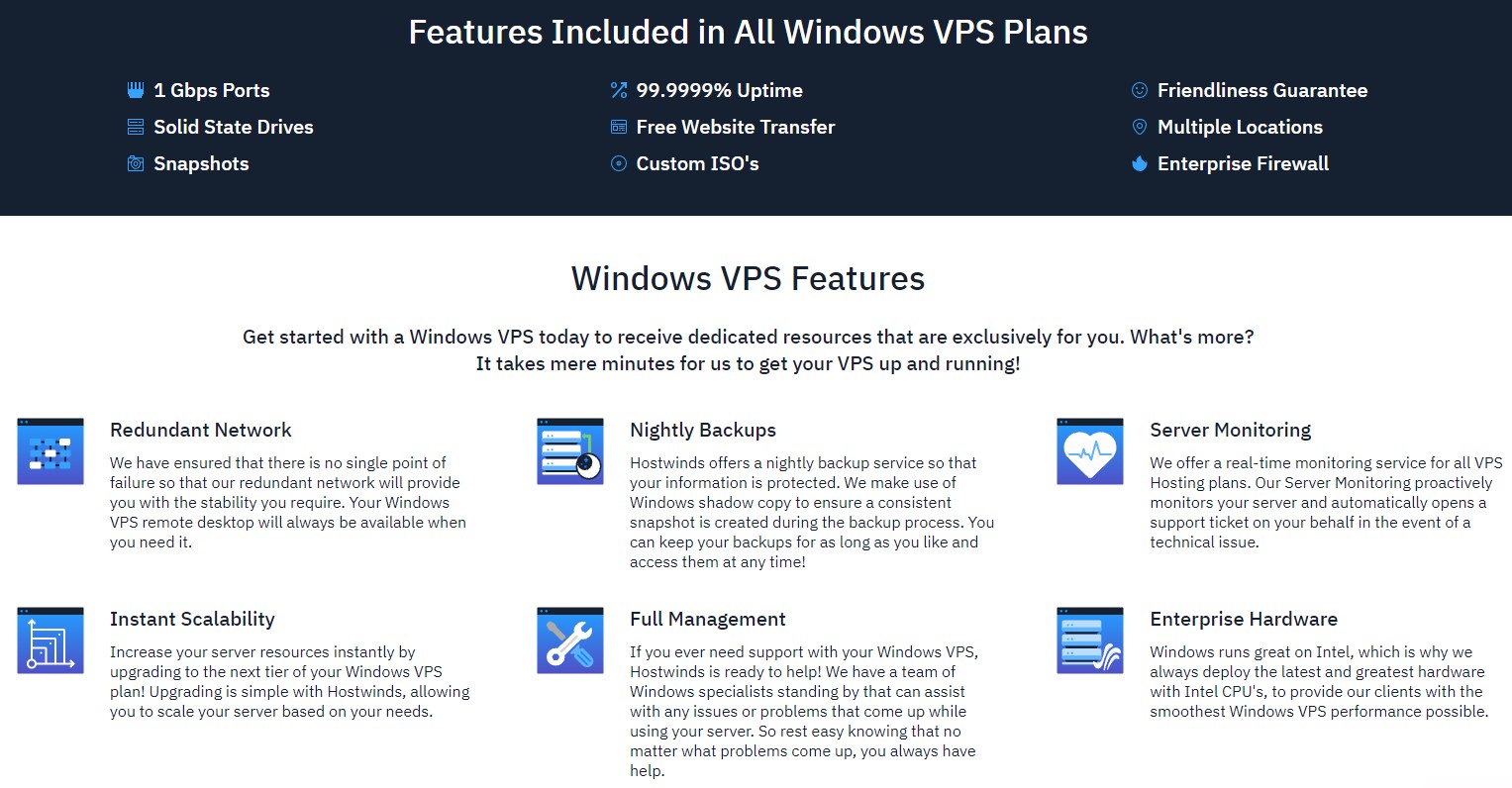 Hostwinds Windows VPS hosting features