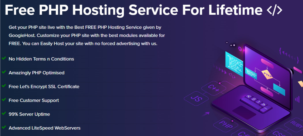 A screenshot of Googiehost's free PHP plan that details its optimized PHP, free SSL certificate, uptime and web servers