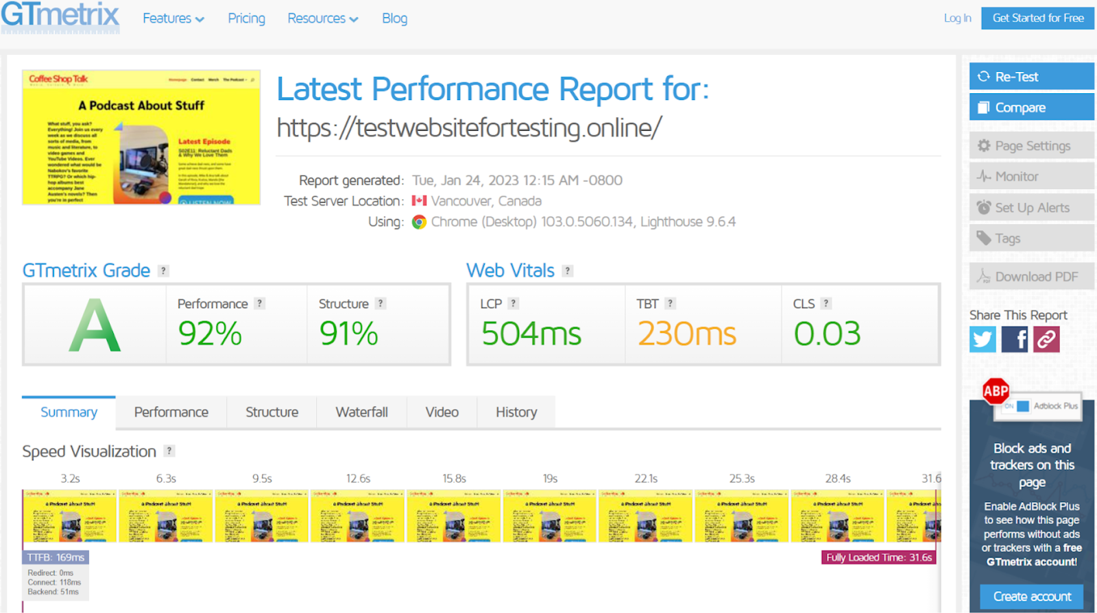 GTmetrix results custom site