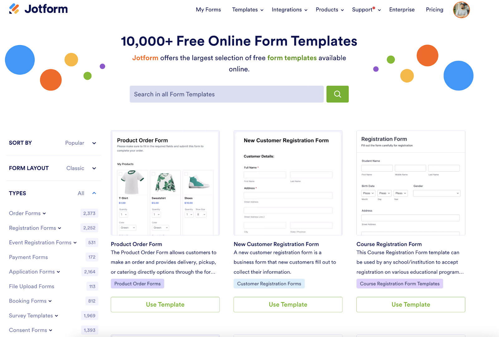 JotForm screenshot - Form templates