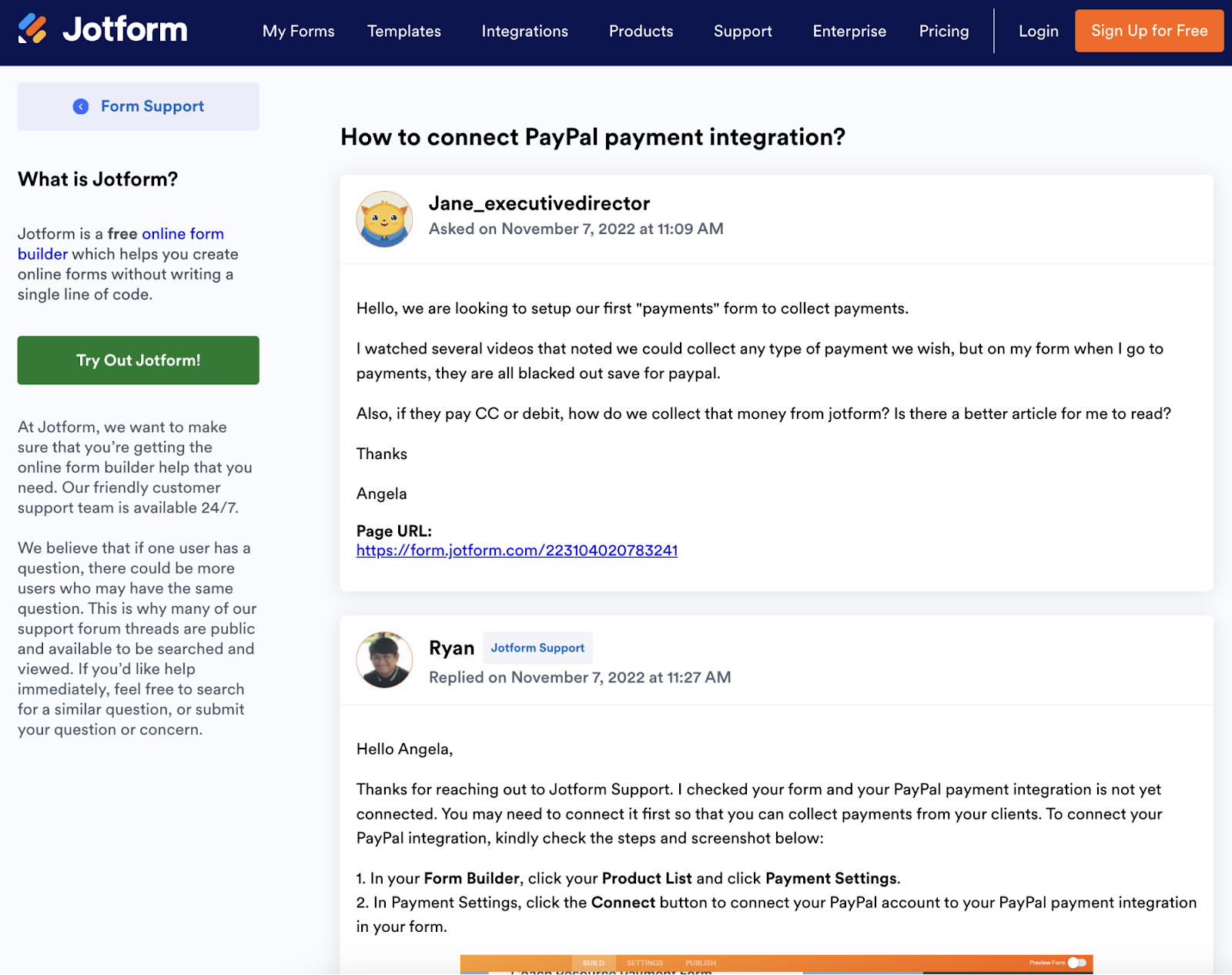 JotForm support screenshot