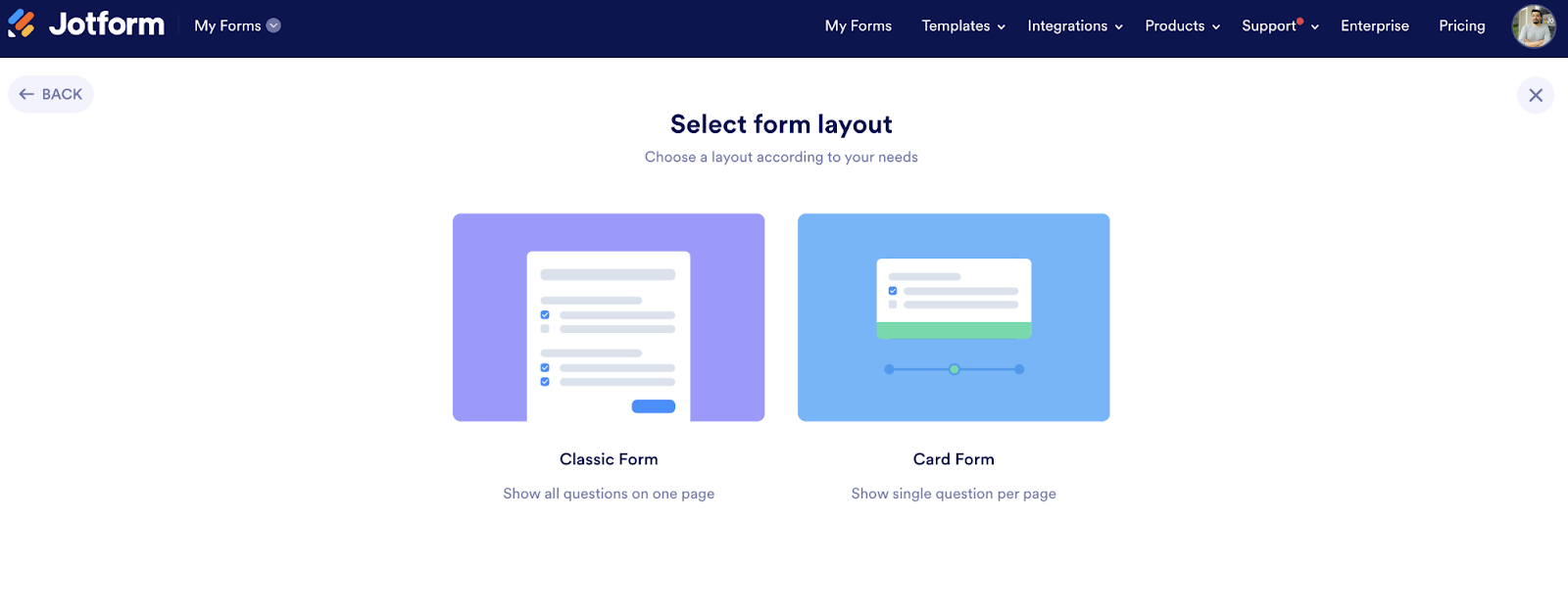 JotForm screenshot - Form layouts