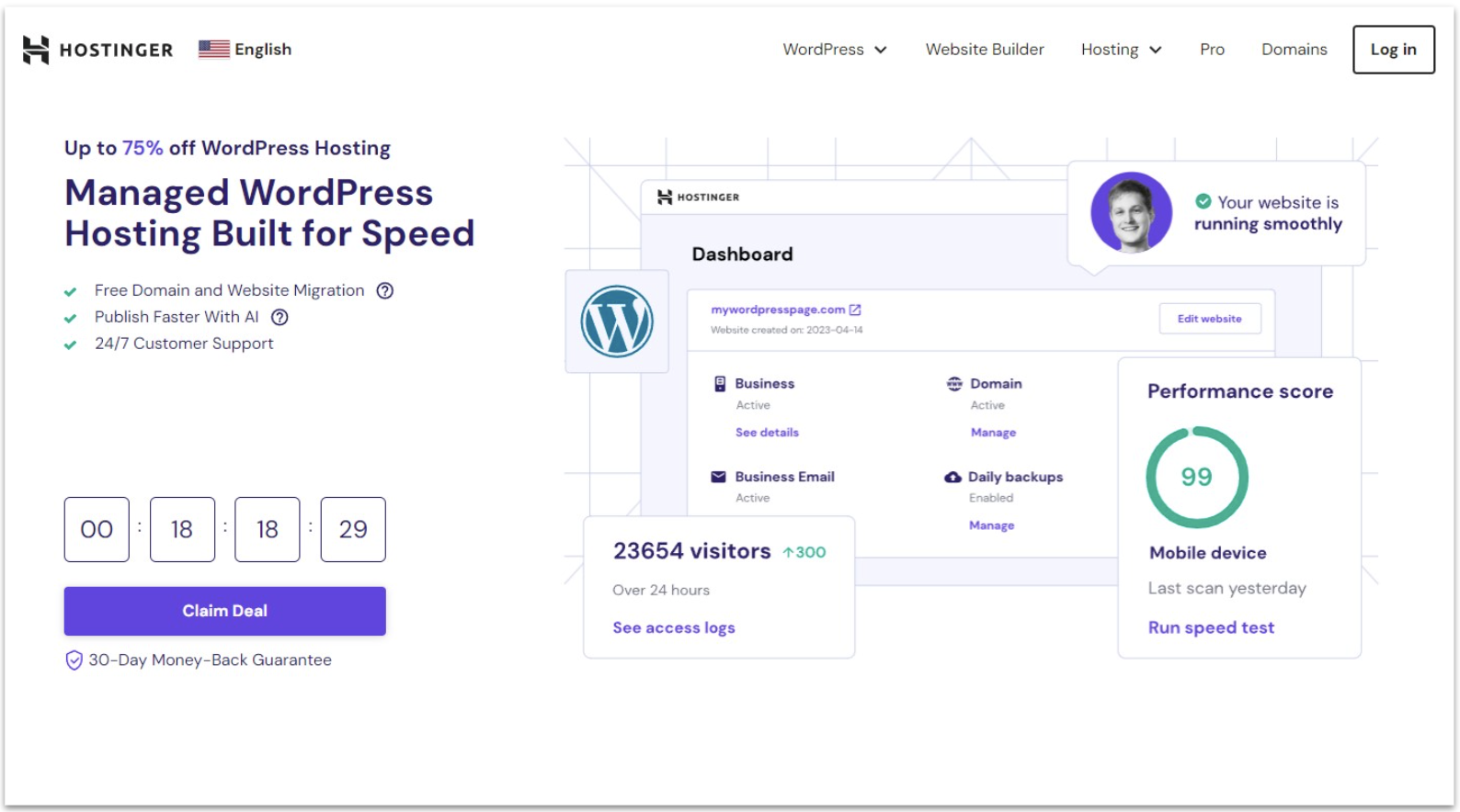 Hostinger WordPress hosting landing page