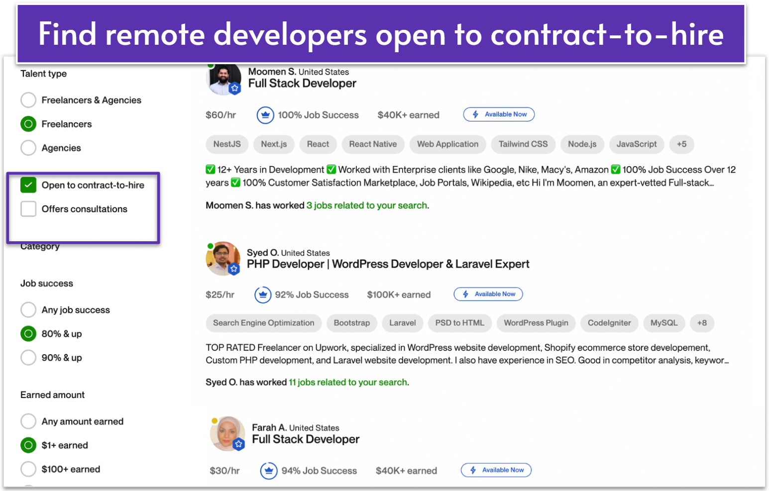 Upwork's filtering panel