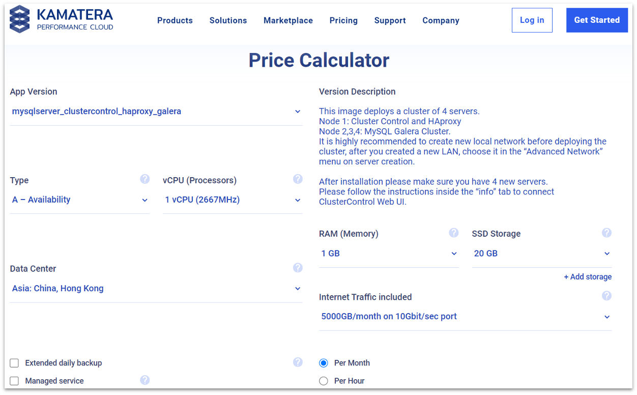 Kamatera MySQL hosting calculator